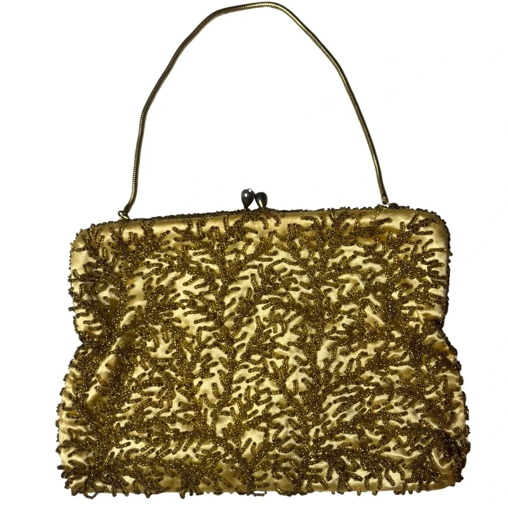 Vintage Gold‎ Hand Beaded Satin Evening Bag Kiss Lock Clutch Hong Kong Made